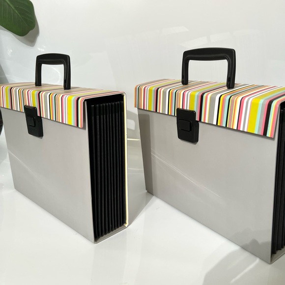 2 Expanding Accordion File Boxes with Latch and Handle Gray/ Muti color stripes - Picture 4 of 14